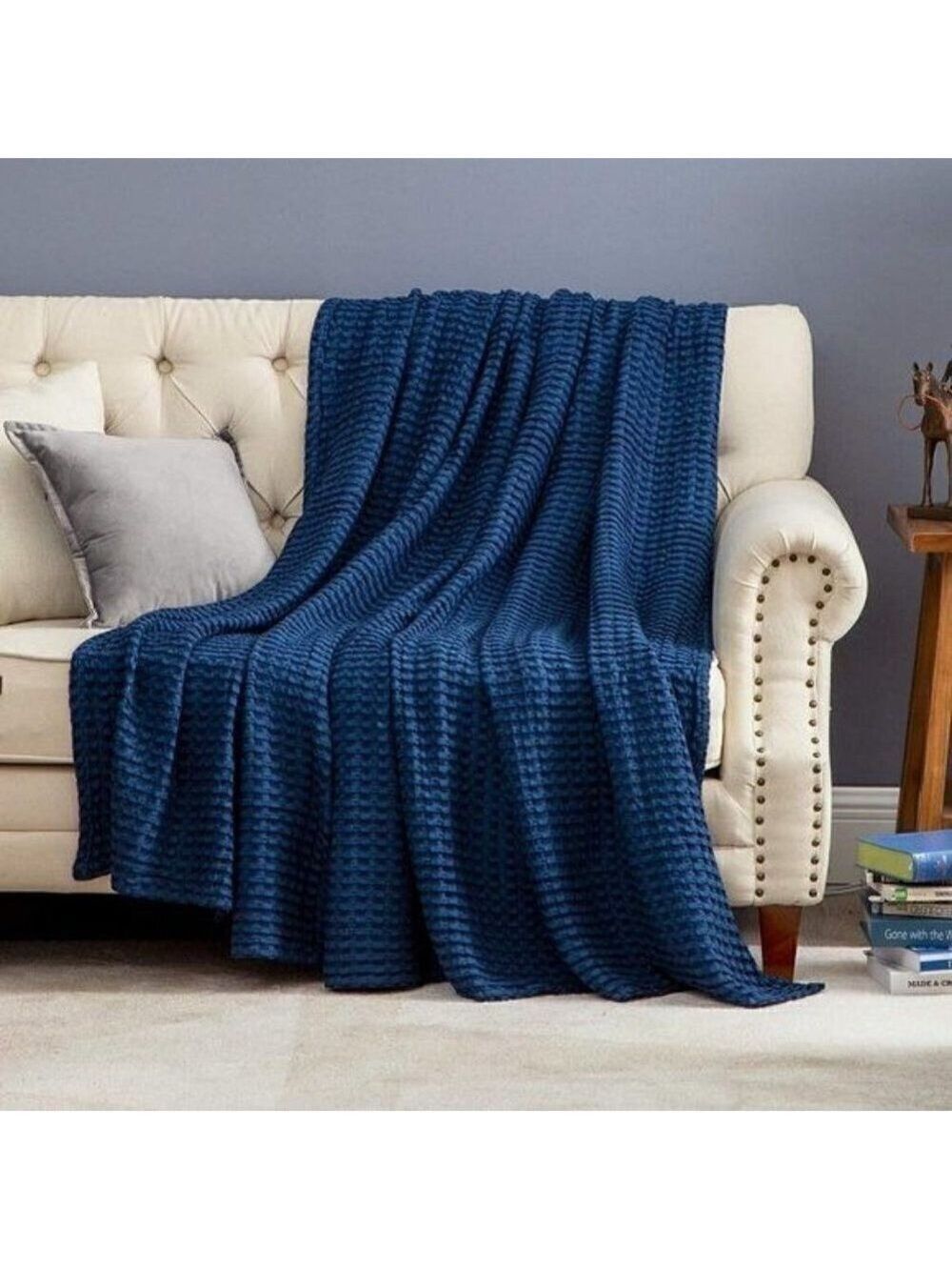 COTTON Waffle Weave Bamboo Blanket Queen Size Navy Soft Lightweight Bed Blanket
